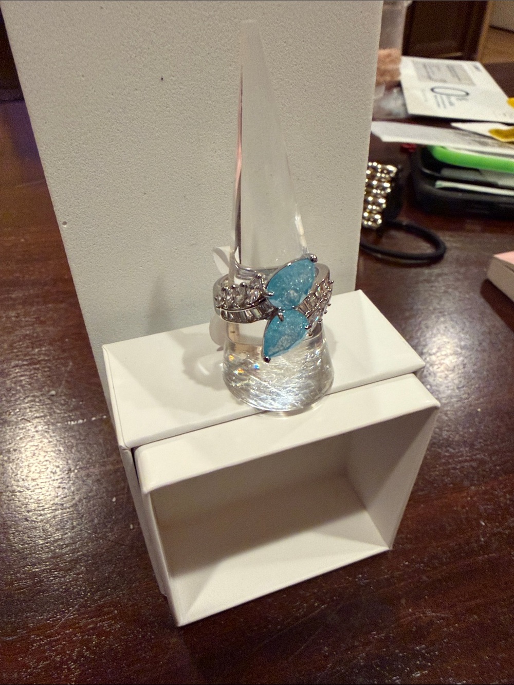 Aqua Blue Ice Crystal on Rhodium Band - Picture 3 of 3